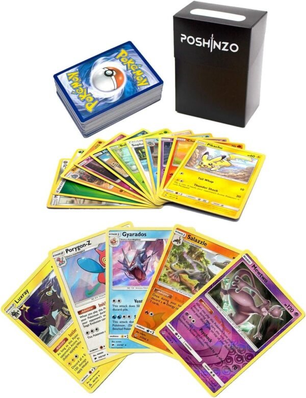 100 Pokemon Cards with 5 Holo Rares Plus Poshinzo Card Box