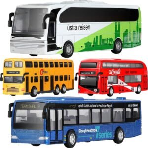 GEYIIE Bus Toys Set Of 4, Kids Die-Cast Metal Toy Cars, Pull