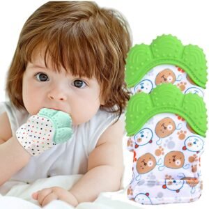 Baby Teething Mitten 2Pairs-Stimulating Teeth Toys for Infant,Avoid Scratching Green