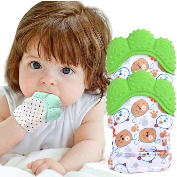 Baby Teething Mitten 2Pairs-Stimulating Teeth Toys for Infant,Avoid Scratching Green
