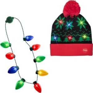 LED Light-up Knitted Ugly Sweater Holiday Xmas Christmas Tree Beanies + Light