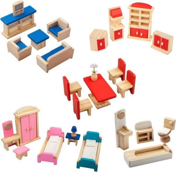 Giragaer 5 Set Colorful Wooden Doll House Furniture, Wood Miniature Bathroom/ Living