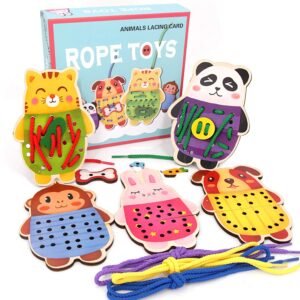 Sealive Wooden Animals Lacing Cards for Toddlers, 5 Wooden Panels and 5