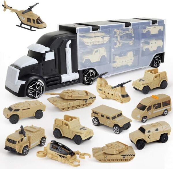 BeebeeRun 12 in 1 Army Transport Car Carrier Truck Toys,Military Vehicle Die-cast