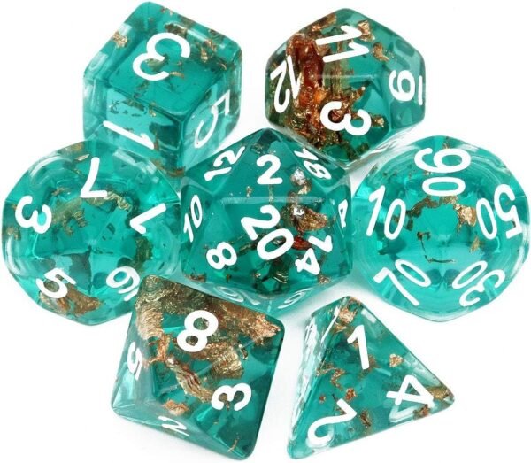 Haxtec Teal DND Dice Set 7PCS Handmade Gold Leaf Resin Polyhedral Dice