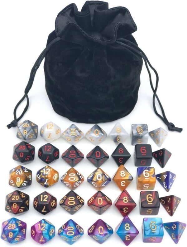 Assorted Polyhedral Dice Set with Black Drawstring Bag, 5 Complete Dice Sets