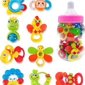 Deluxe 9 Piece Baby Rattles Teether and Shakers in Pink Milk Bottle