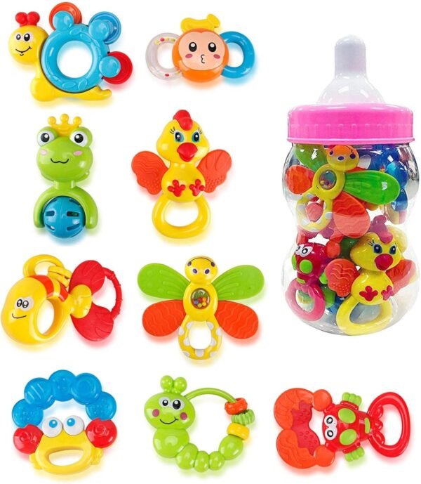 Deluxe 9 Piece Baby Rattles Teether and Shakers in Pink Milk Bottle