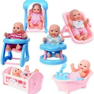WolVol Set of 6 Mini Dolls for Girls with Cradle, High Chair,