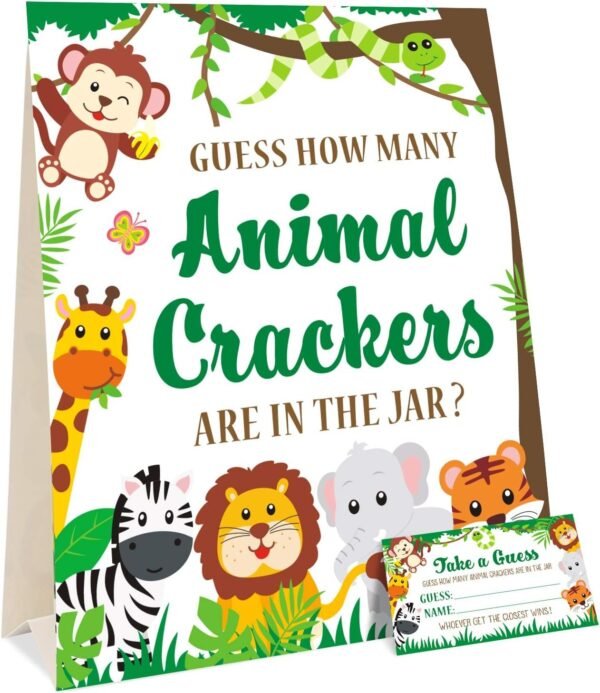 Guess How Many Animal Crackers Jungle Safari Baby Shower Game with Standing