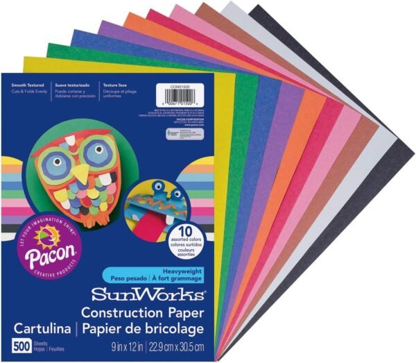 SunWorks Construction Paper, 10 Assorted Colors, 9 x 12, 500 Sheets, PCON01500