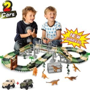 TTOUADY Dinosaur Toy Trains Race Car Extended 158 Tracks 2 Cars 6