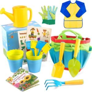 INNOCHEER Kids Gardening Tools with STEM Learning Guide, Watering Can, Gardening Gloves,