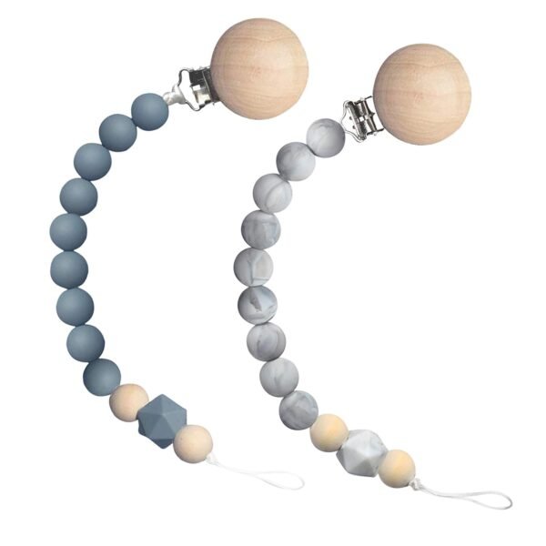 2 Pack Wooden Pacifer Clips Grey & Marble White Grey Teething Silicone