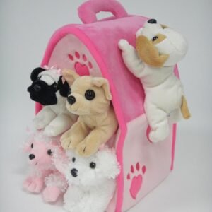 Plush Pink Dog House with Dogs - Five 5 Stuffed Animal Dogs