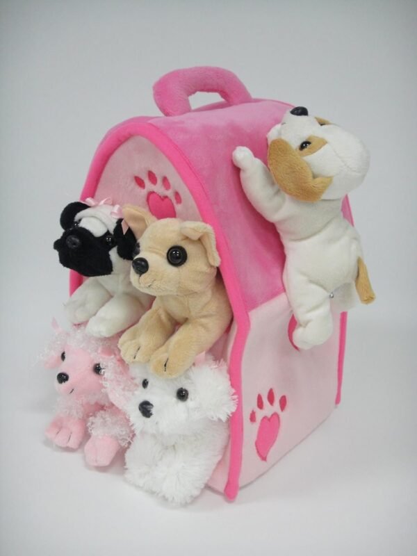 Plush Pink Dog House with Dogs - Five 5 Stuffed Animal Dogs