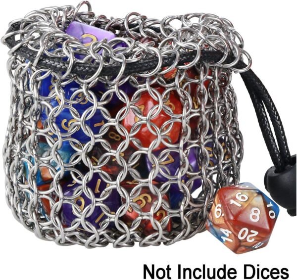 YOUSHARES Drawstring Game Dice Bag - Stainless Steel Chainmail DND Dice Pouch