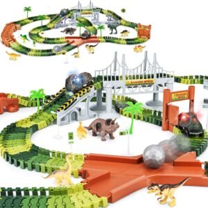 KKONES Dinosaur Toys-273pcs Create A Dinosaur World Road Race-Flexible Track Playset and