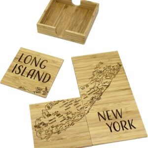 Totally Bamboo Long Island Puzzle 4 Piece Bamboo Coaster Set with Case