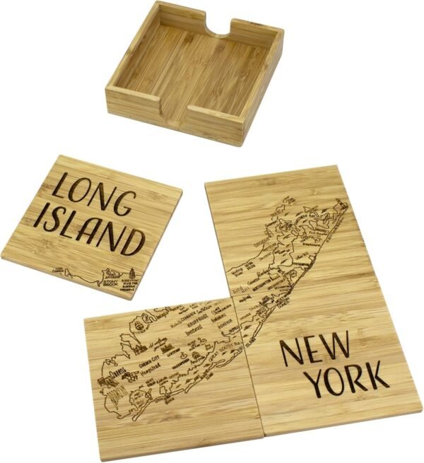 Totally Bamboo Long Island Puzzle 4 Piece Bamboo Coaster Set with Case