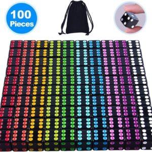 AUSTOR 100 Pieces Black Dice with Colorful Pips 6 Sided Square Corner