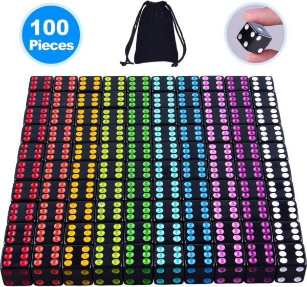 AUSTOR 100 Pieces Black Dice with Colorful Pips 6 Sided Square Corner