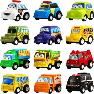 Funcorn Toys Pull Back Car, 12 Pack Assorted Mini Plastic Vehicle Set,