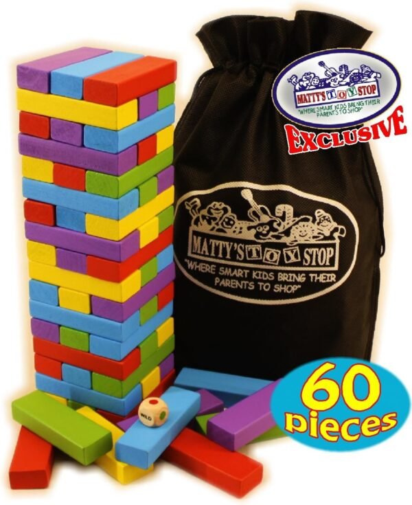 Mattys Mix-Up 60pc Large Colorful Wooden Tumble Tower Deluxe Stacking Game with