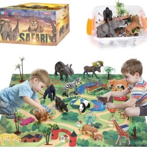 BOLZRA Safari Animals Figurines Toys with Activity Play Mat & Trees, Realistic