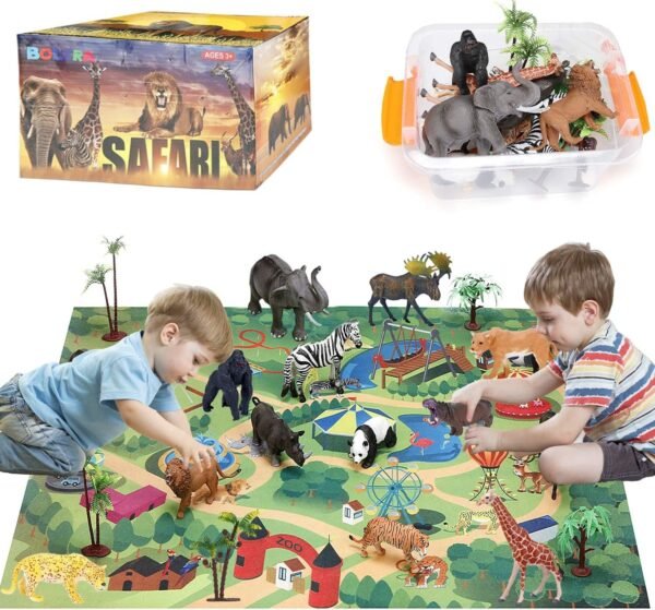 BOLZRA Safari Animals Figurines Toys with Activity Play Mat & Trees, Realistic