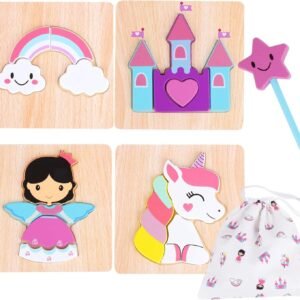 Toddler Wooden Jigsaw Puzzles Chunky 4 Pack with Extra Magic Wand Educational