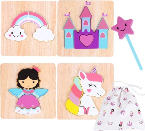 Toddler Wooden Jigsaw Puzzles Chunky 4 Pack with Extra Magic Wand Educational