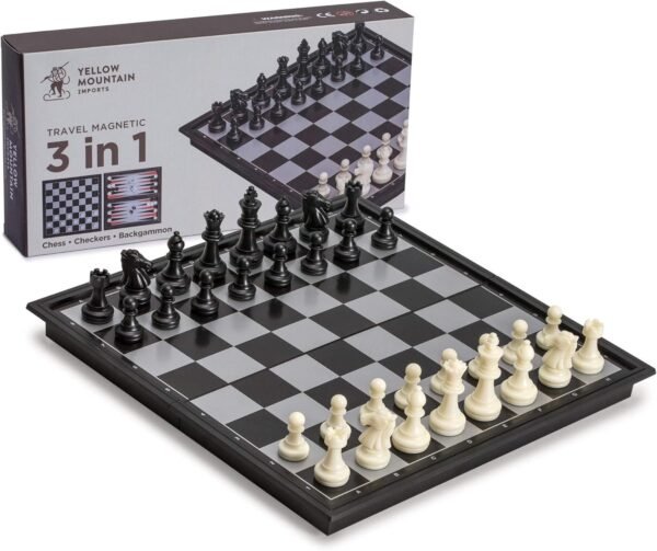 Yellow Mountain Imports 3-in-1 Travel Magnetic Chess, Checkers, and Backgammon Set -