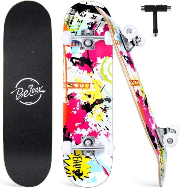 BELEEV Skateboards for Beginners, 31x8 Complete Skateboard for Kids Teens & Adults,