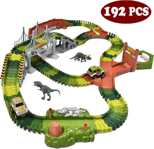 JOYIN Dinosaur Toys 192 Pieces Race Tracks Flexible Train Track Race Car
