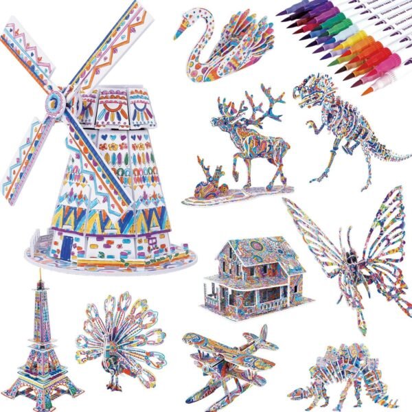 3D Coloring Puzzle Set, 10-Pack Puzzles with 24 Markers, Arts and Crafts