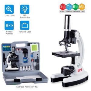 AmScope 120X-1200X 52-pcs Kids Beginner Microscope STEM Kit with Metal Body Microscope,