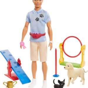 Ken Dog Trainer Playset with Doll, 2 Dog Figures, Hoop Ring, Balance