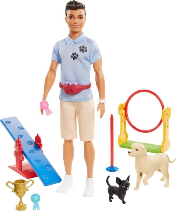 Ken Dog Trainer Playset with Doll, 2 Dog Figures, Hoop Ring, Balance