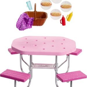 Barbie Outdoor Furniture, Pink Picnic Table with Adjustable Seats and Hot Dog