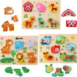 Wooden Animal Jigsaw Puzzle Set for Toddlers, 3 Pack Wooden Puzzle with