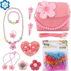 SOTOGO 13 Pieces Plush Purses Flower Handbag with Hair Clip, Necklace, Bracelet,