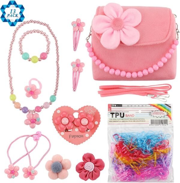 SOTOGO 13 Pieces Plush Purses Flower Handbag with Hair Clip, Necklace, Bracelet,