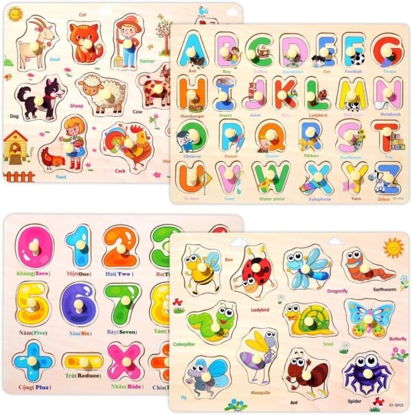 Wooden Peg Puzzles Set for Toddlers 2 3 4 Years Old, Alphabet