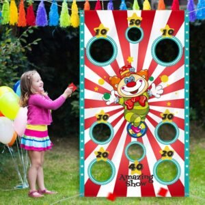 Carnival Clown Toss Game Banner with 3 Bean Bags for Kids and
