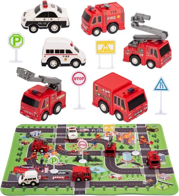 Kilpkonn Fire Truck Toys with Play MatFire Vehicles Set Include 6 Fire