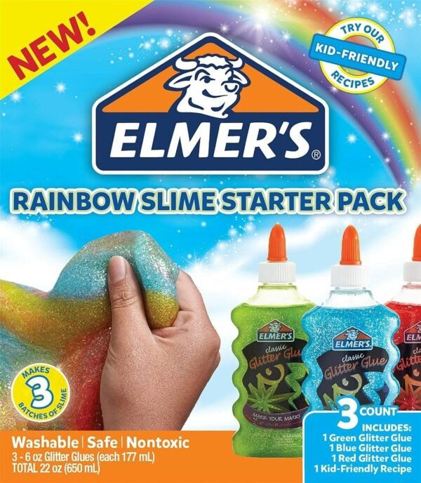 Elmers Rainbow Slime Starter Kit with Green, Blue and Red Glitter Glue,