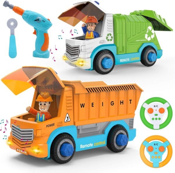 JOYIN Remote Control Take Apart Construction & Garbage Truck with Built-in Lights