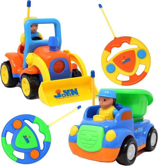 2 Cartoon RC Dump and Bulldozer Trucks Radio Remote Control with Music