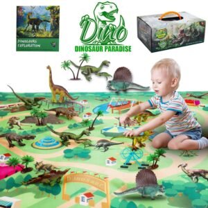 ALPULON Dinosaur Toys - Realistic Dinosaur Playset, Activity Play Mat & Trees